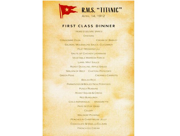 Velmi vzácné menu z první třídy poslední večeře na Titaniku.