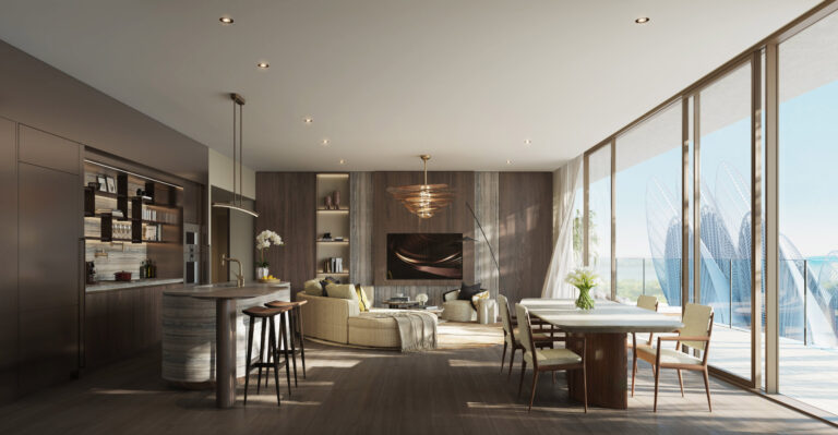 Hlavní apartmá je obklopeno posuvnými skleněnými stěnami.