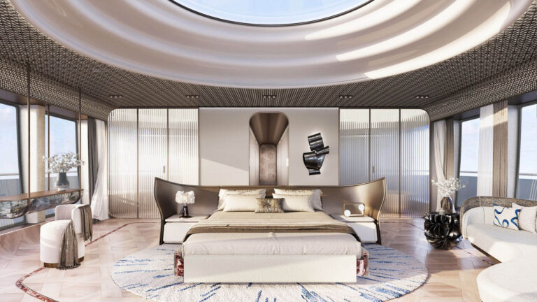 Interiér jachty nese výrazný oceánský spirit a harmonicky propojuje směs moderního designu a nadčasových materiálů.