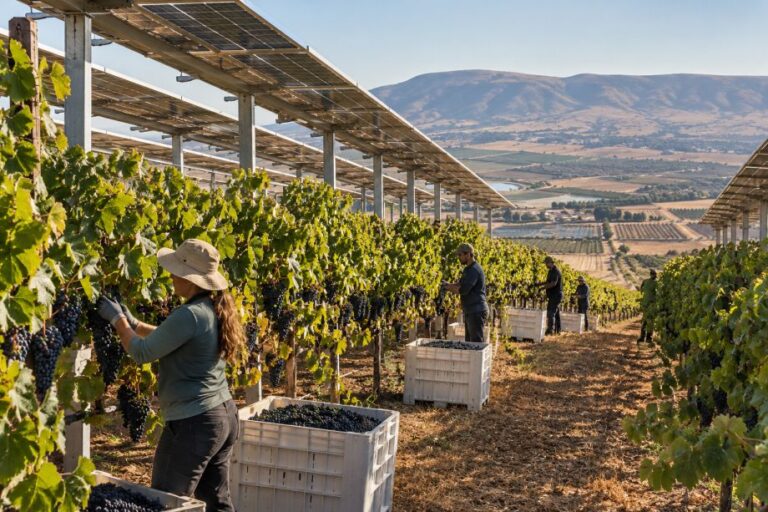 Solární panely mohou nad vinicemi vyrábět elektřinu a zároveň vytvářet částečný stín pro rostliny.