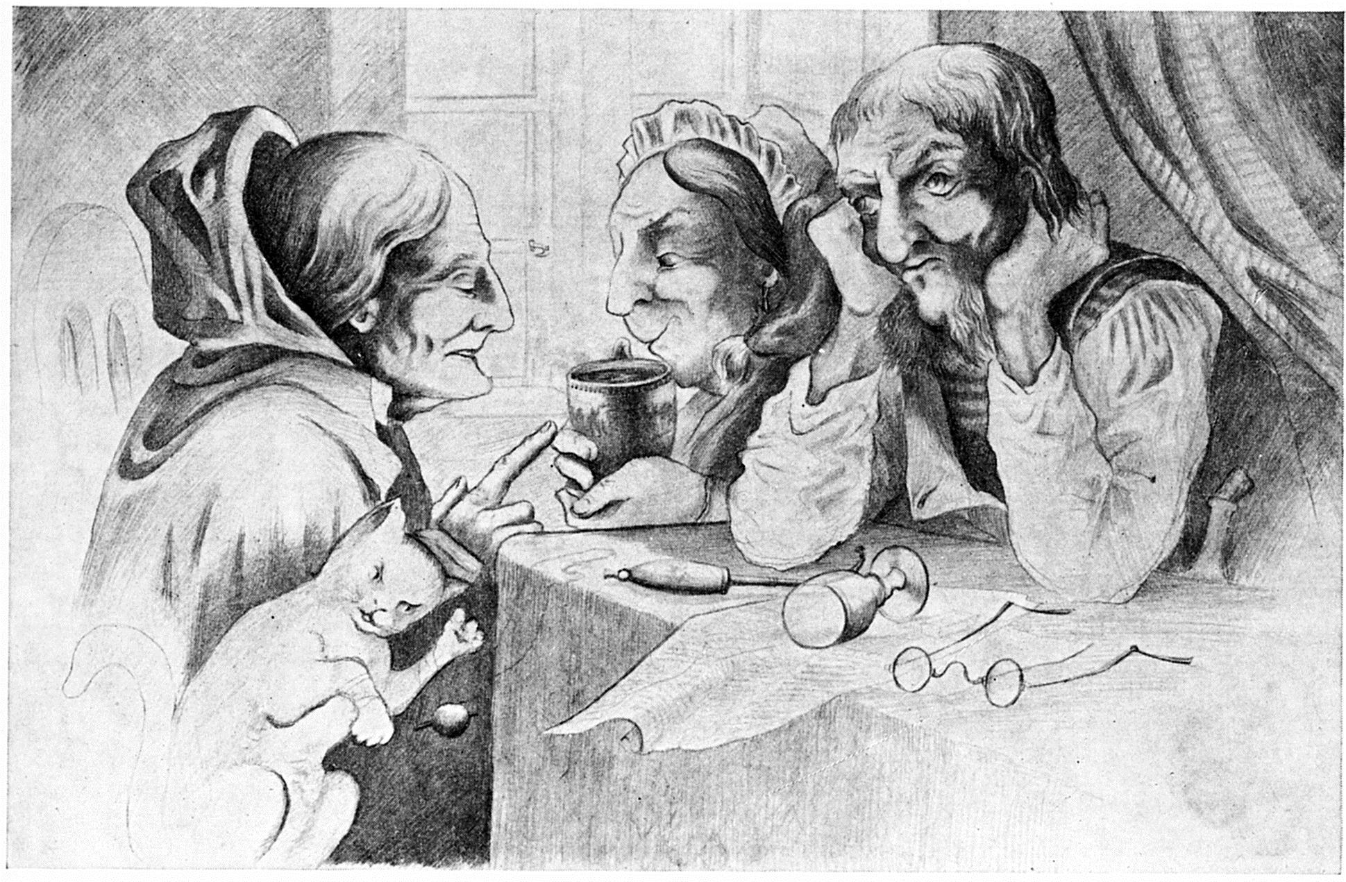 Takto ztvárnil typické „drbny“ norský malíř Theodor Kittelsen (1857–1914) v jedné své černobílé kresbě.