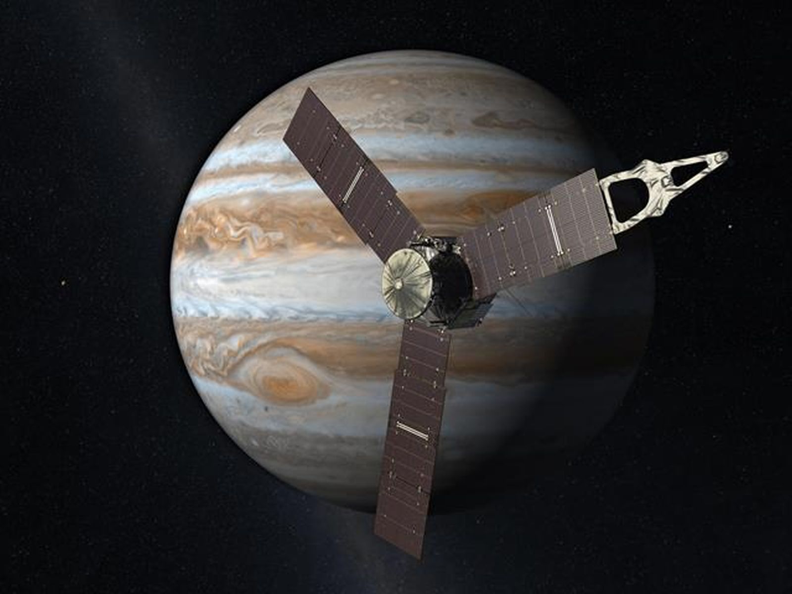 Sonda Juno zkoumá od července 2016 jeho atmosféru a měsíce.