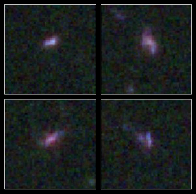 Montáž čtyř malých mladých galaxií pořízených z Hubbleovu kosmického dalekohledu v rámci projektu GAMA.