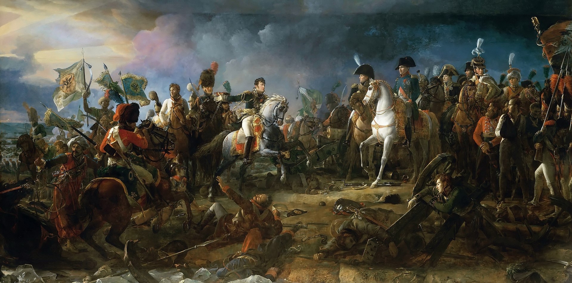 Obraz Françoise Gérarda zachycuje vítězný návrat generála Rappa, který Napoleonovi přiváží ukořistěné ruské prapory a zajatého knížete Repnina.
