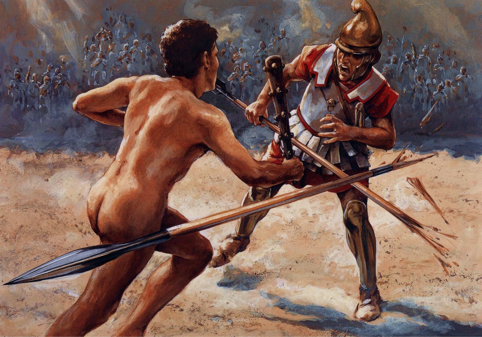 Nejdokonalejším oštěpem bylo římské pilum. Když byl oštěp vržen, provrtal štít protivníka, jeho tělo a zabodl se ještě do štítu dalšího muže.