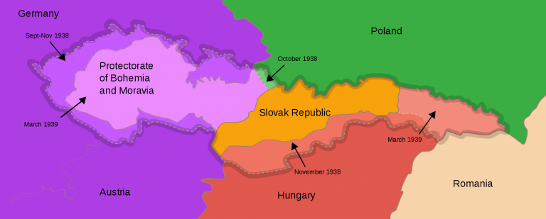 Pohraniční oblasti Československa anektované Německem, Polskem a Maďarskem a proměněný Slovenský štát, který vyhlásil nezávislost 14. března 1939.