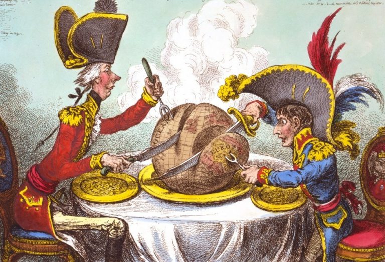 Karikatura Vánoční pudink v ohrožení zobrazuje hrabivost Napoleona a Williama Pitta mladšího.