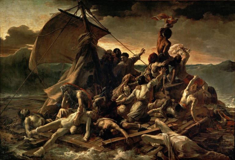 Obraz zachycuje okamžik, kdy po třinácti dnech plavby na voru posledních 15 živých spatří na obzoru plachty lodi Argus, která je o pár hodin později zachrání.