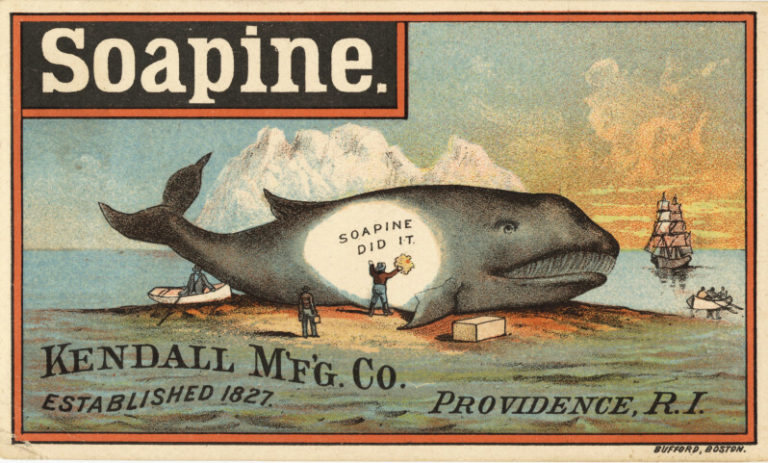 Jak dobová reklama naznačuje, mýdlo Soapine se kolem roku 1900 vyrábí z velrybího tuku.