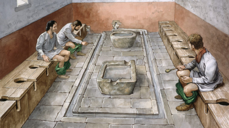 Veřejné záchody ve starém Římě jsou pro všechny. Na moc žen tu ale asi nenarazíte.