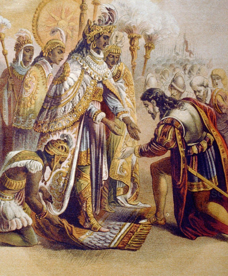 Montezuma II. daroval Cortésovi při prvním setkání kalendář a disky ze zlata a stříbra.