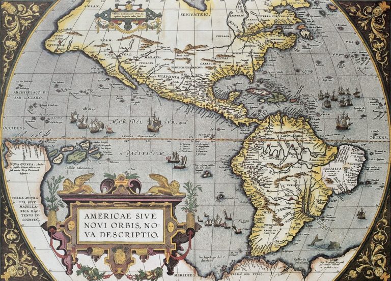 Mapa Severní a Jižní Ameriky, kterou ve svém atlasu použil, je plná nepřesností