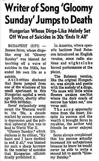 Noviny informují, že autor sebevražedného hitu spáchal sebevraždu.