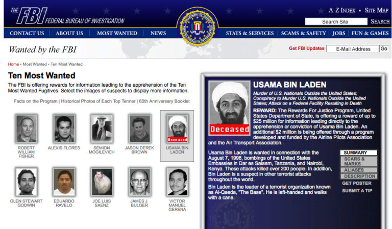 Smrt teroristy je oficiálně oznámena i na webu FBI v seznamu nejhledanějších osob.