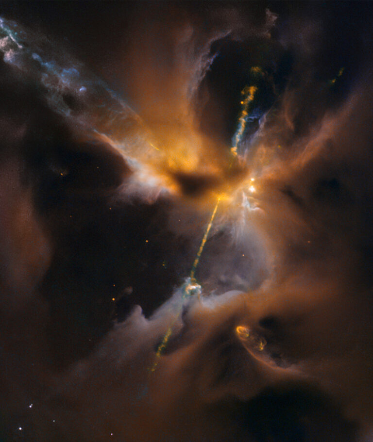 Herbig-Harův objek, výtrysk plynu z velmi mladých hvězd, připomíná obří tornádo.