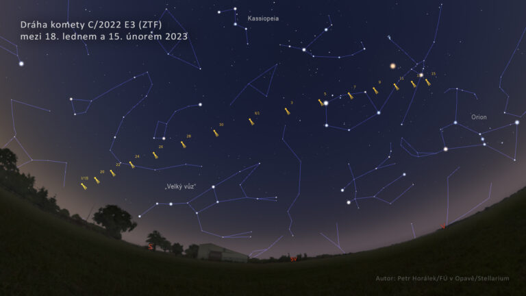 Pohyb komety C/2022 E3 ZTF mezi hvězdami mezi 18. lednem a 15. únorem 2023. Vyznačena jsou i nejvýraznější uskupení – asterismus „Velký vůz“ a souhvězdí Kassiopeii a Orionu. Kometa bude pozorovatelná převážné nad severním obzorem. Zdroj: Petr Horálek/FÚ v Opavě/Stellarium.