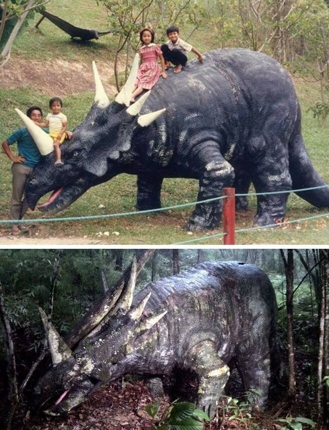 Kdysi si na něm hrály děti. Dnes prý kolem modelu triceratopse straší duchové.