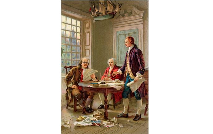 Franklin, John Adams a Thomas Jefferson právě tvoří Deklaraci nezávislosti.