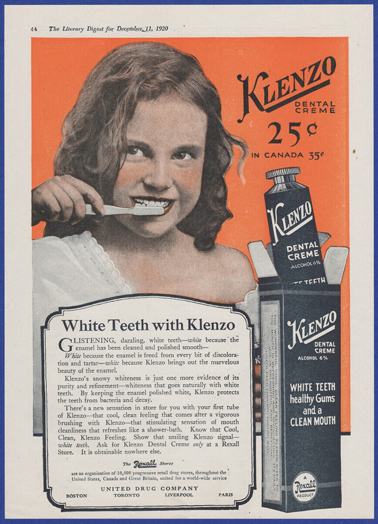 Kanadská reklama z roku 1920 zaručuje dokonale bílé zuby! V pastě již nechybí fluorid.