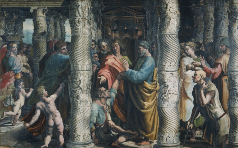 Jedna z tapiserií zachycuje uzdravení zchromlého muže sv. Petrem.