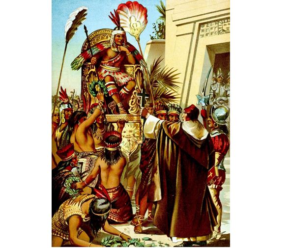 Španělé vlákají Atahualpu do pasti.