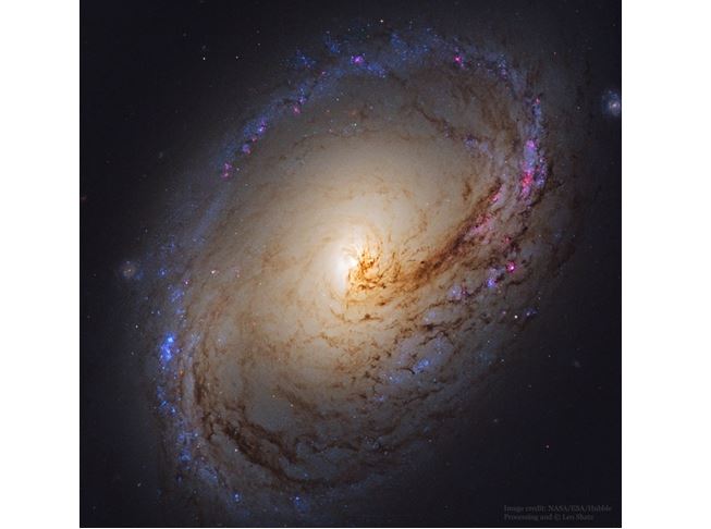 Snímek galaxie M96 s výrazným prachovým pásem v centru. Credit: ESA/NASA/Hubble (Leo Schatz)