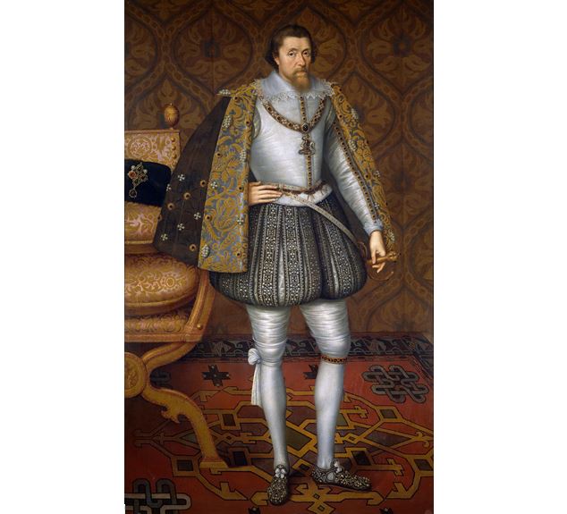 Anglický král Jakub I. a současně skotský král Jakub VI..