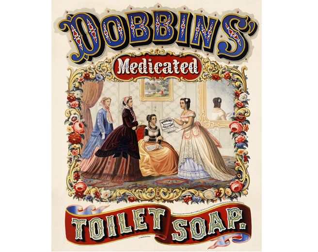 A takto vypadala reklama na toaletní mýdlo s léčivými účinky z roku 1869.