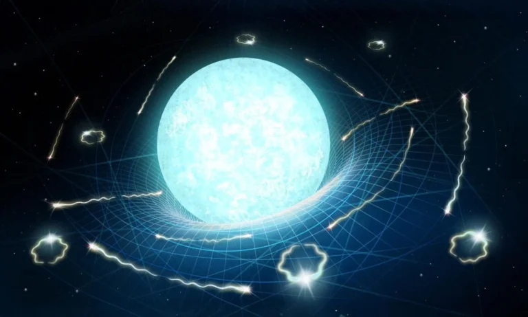 Umělecké ztvárnění neutronové hvězdy, která se pomalu „vypařuje“ prostřednictvím záření podobného Hawkingovu. Foto: Daniëlle Futselaar/artsource.nl