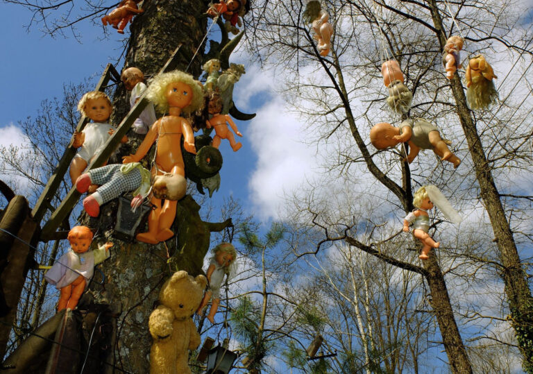 Dům na okraji obce Rváčov je panenkami doslova ověšen. Většina z nich visí za krk, mnohé jsou rozbité a poškozené.