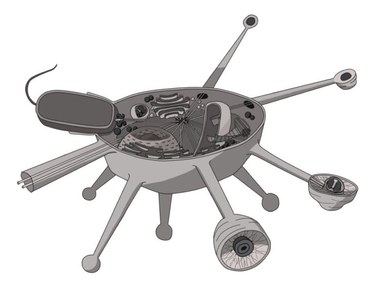 Černobílá ilustrace řezu buňkou Solariona.