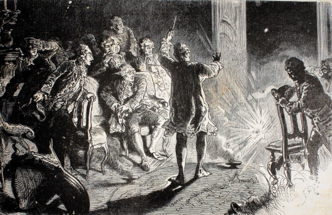 Takto měl podle dobové rytiny Cagliostro uchvacovat své publikum v německých Drážďanech.