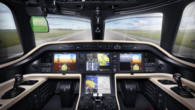 Bezpečnostní a navigační systémy zahrnují moderní avioniku Collins Aerospace Pro Line Fusion.