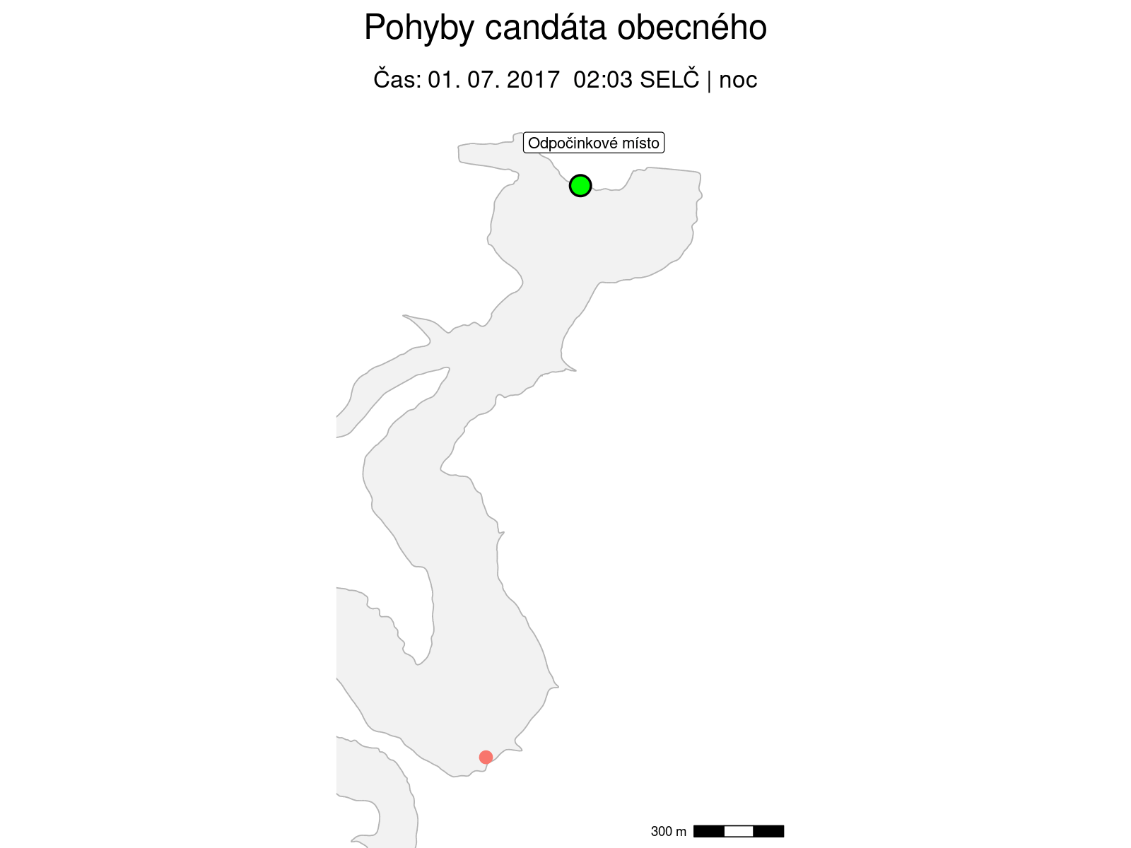 2. Pohyb jednoho candáta obecného v nádrži Římov během několika dní (1. – 6.7.2017). Přes den se zdržoval na stabilním odpočinkovém místě, v noci podnikal výpravy po nádrži a před rozedněním se opakovaně vracel zpět.