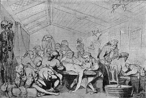 Ilustrace Thomase Rowlandsona zachycující pitevní místnost.